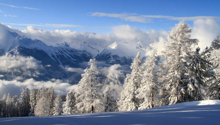 Verschneite Winterlandschaft auf der Alp Balavaux