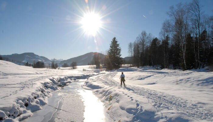 Wanderer bei strahlender Sonne im verschneiten Hochmoor Rothenturm
