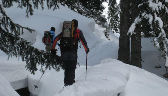 Schneeschuhwanderer im tiefverschneiten Wald im Diemtigtal