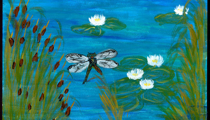 Illustration fliegende Libelle über See