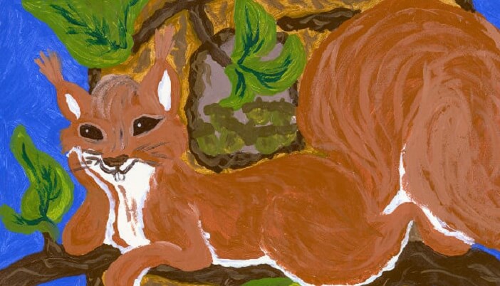 Illustration eines braunen Eichhörnchen im Baum