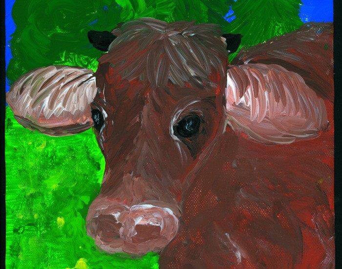 Illustration einer braunen Kuh mit grünem Hintergrund