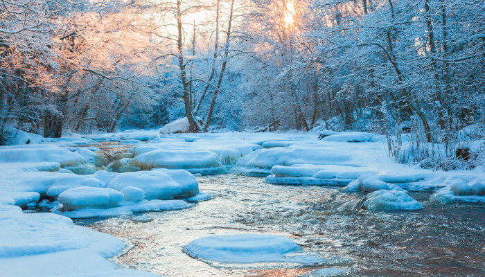 Fluss im Winter in der Dämmerung im Wald