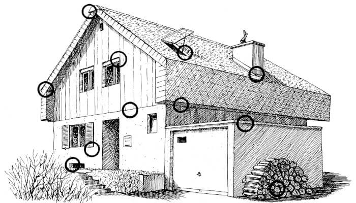 Illustration eines Hauses mit Kreisen am Haus