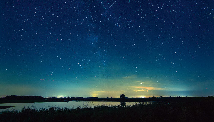 Nacht über einem See umgeben von Gräsern