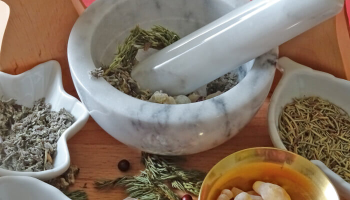 Mörser in weisser Schale mit Pflanzenteilen