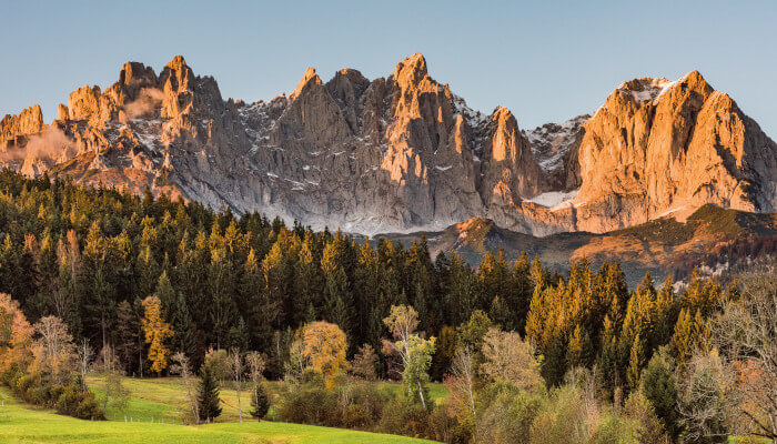 Bergspitzen im Herbstlicht hinter Tannenwald